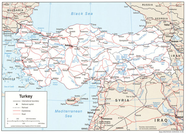 Political and road map of Turkey. Turkey political and road map.