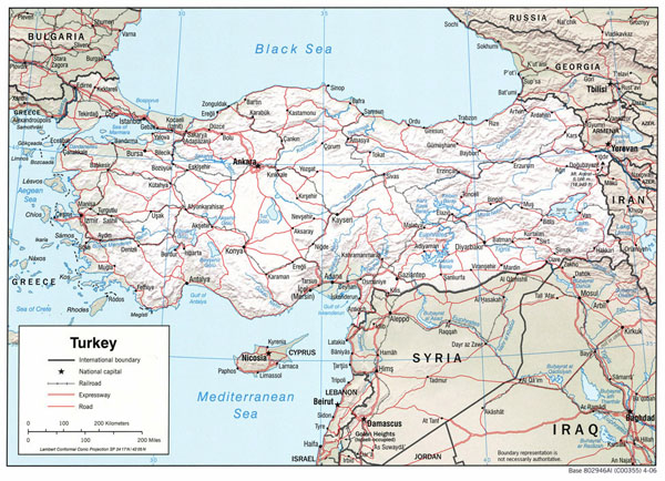 Political map of Turkey with relief, roads and major cities.