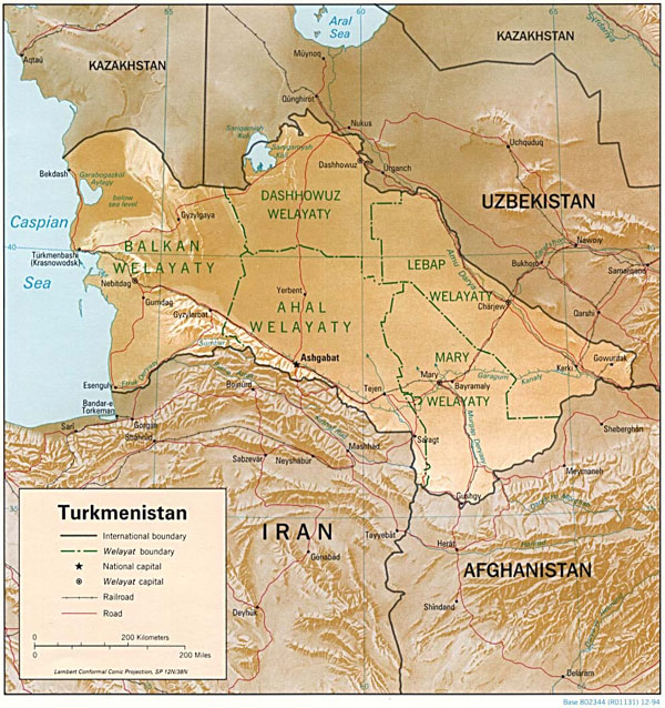Detailed relief and administrative map of Turkmenistan.