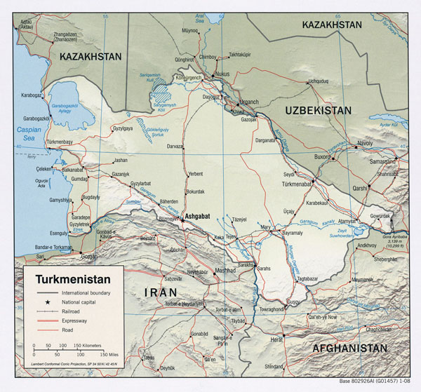 Detailed road and relief map of Turkmenistan.