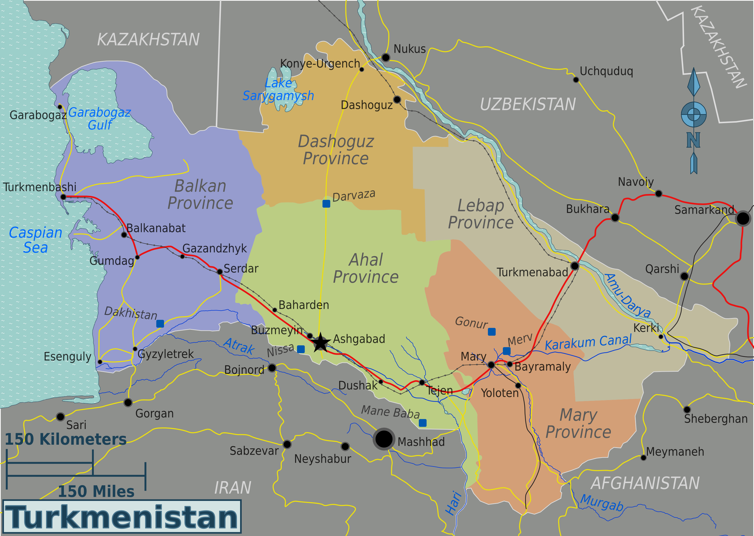 Large detailed administrative and road map of Turkmenistan.Turkmenistan