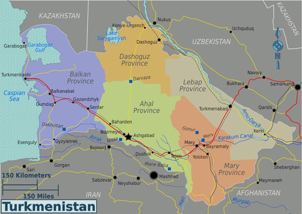 Large detailed administrative and road map of Turkmenistan.