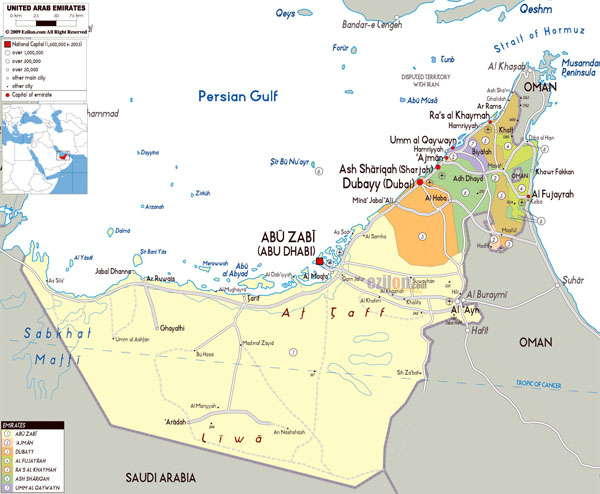 Detailed political and administrative map of UAE with roads, cities and airports.