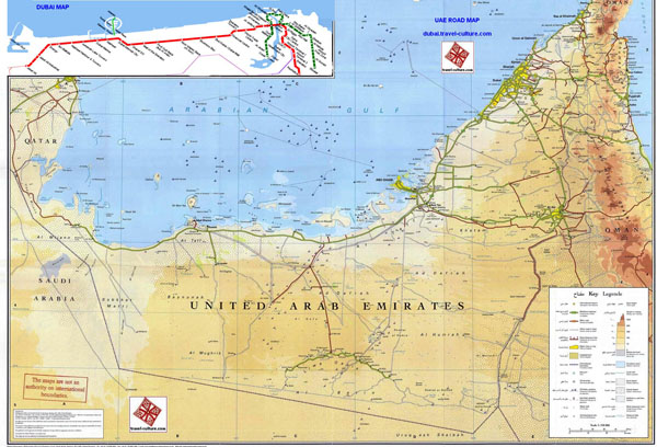 United Arab Emirates detailed road and physical map.