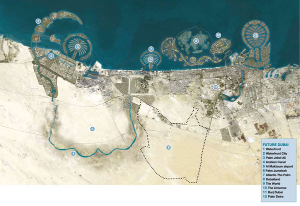 Detailed satellite map of Dubai with legend.