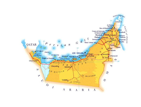 Elevation map of UAE with roads, cities and airports.