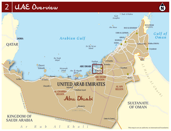 Large detailed overview map of UAE with roads, cities and airports.