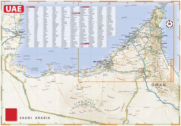 Large detailed roads map of UAE with relief and all cities.