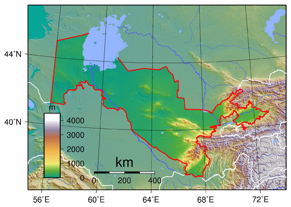 Large detailed physical map of Uzbekistan. Uzbekistan large detailed physical map.