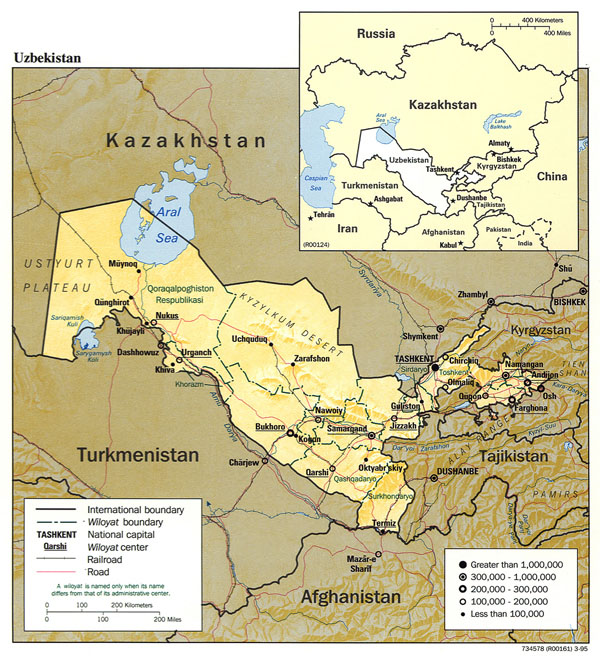 Large detailed relief and political map of Uzbekistan.
