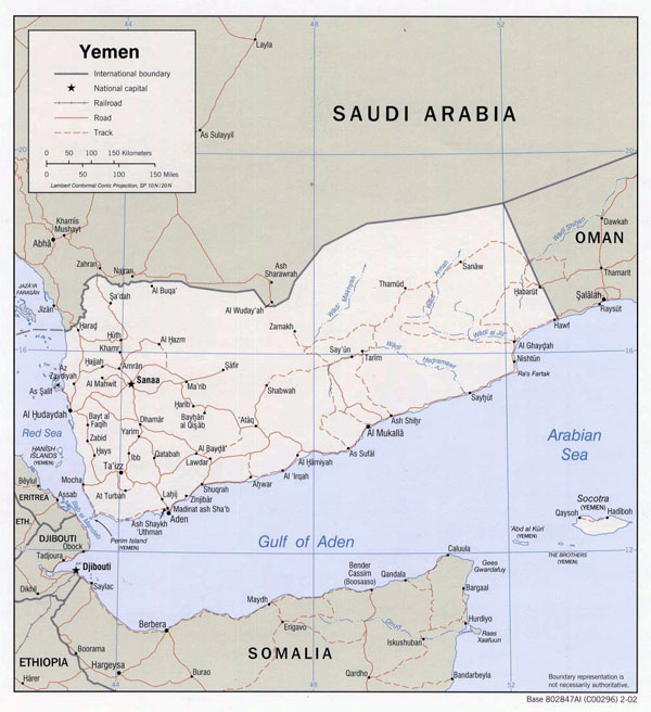 Detailed political map of Yemen with roads and cities - 2002.