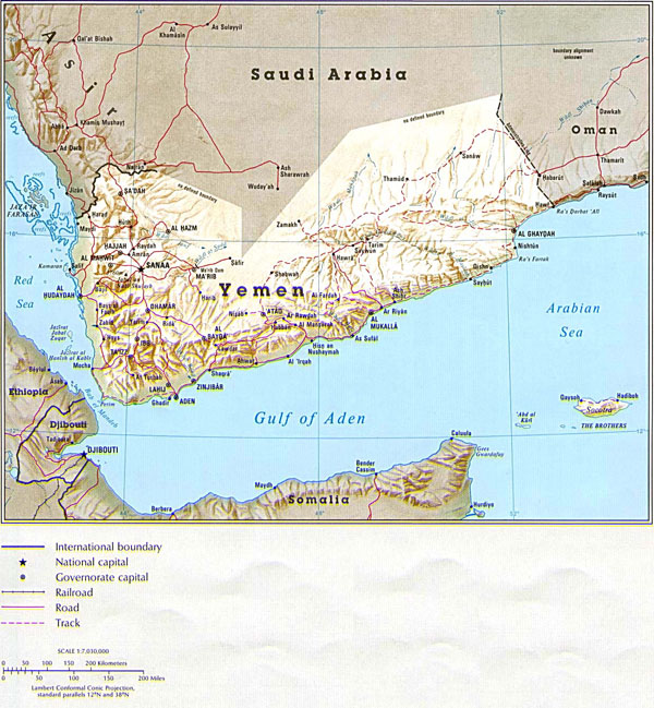 Detailed relief and political map of Yemen.