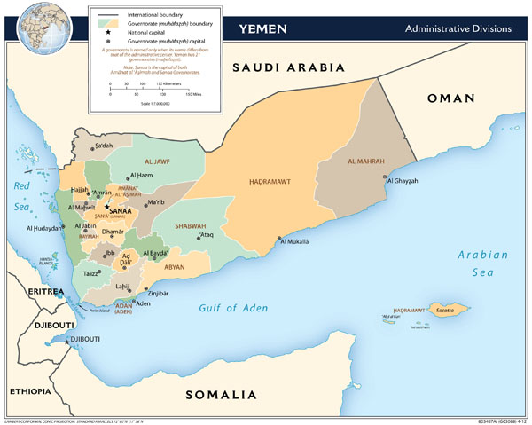 Large detailed administrative divisions map of Yemen - 2012.