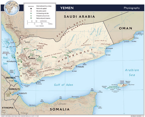 Large detailed physiography map of Yemen - 2012.