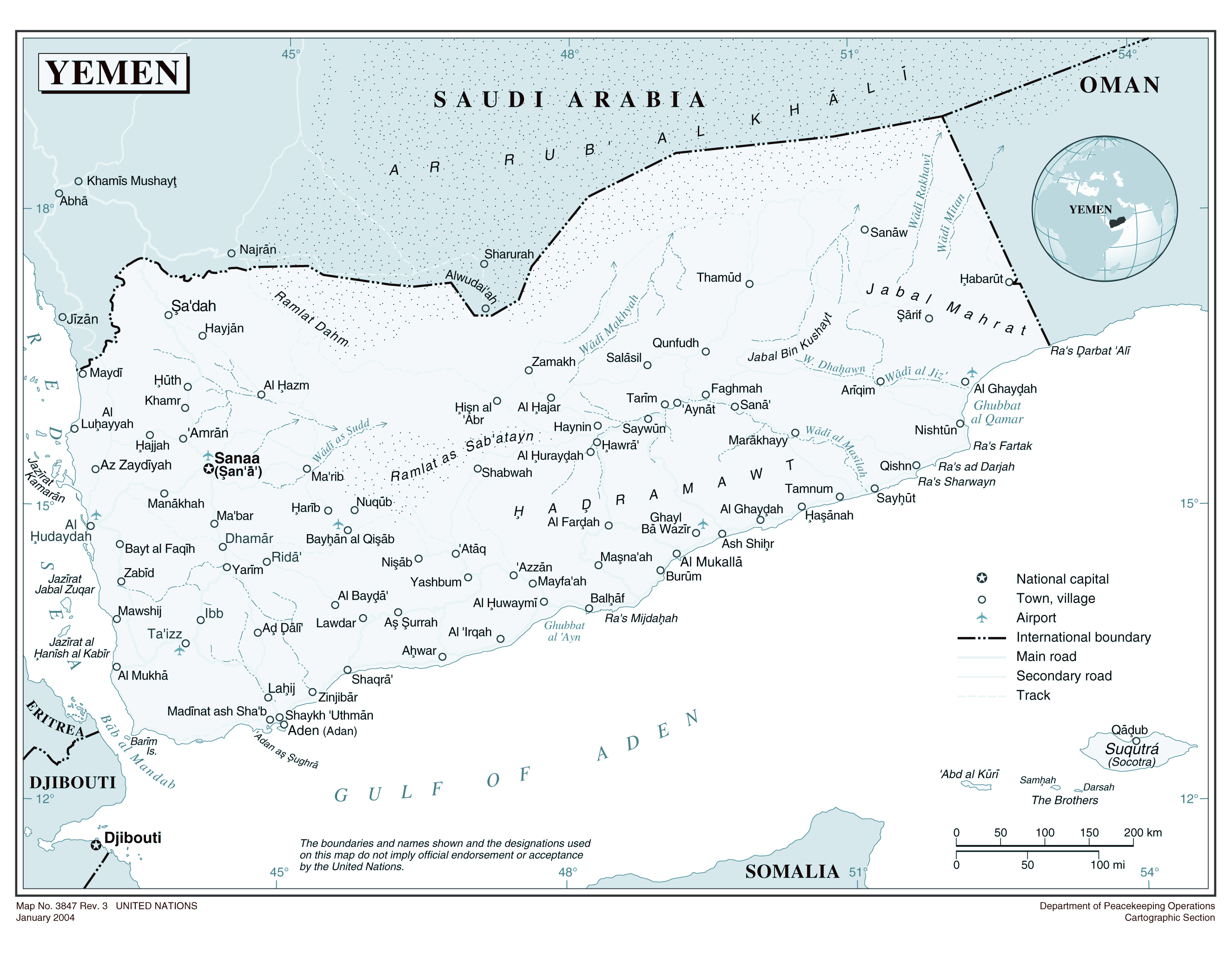 Large detailed political map of Yemen with cities and airports