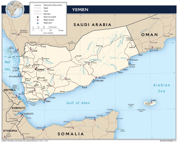 Large detailed political map of Yemen with roads, major cities and airports - 2012.