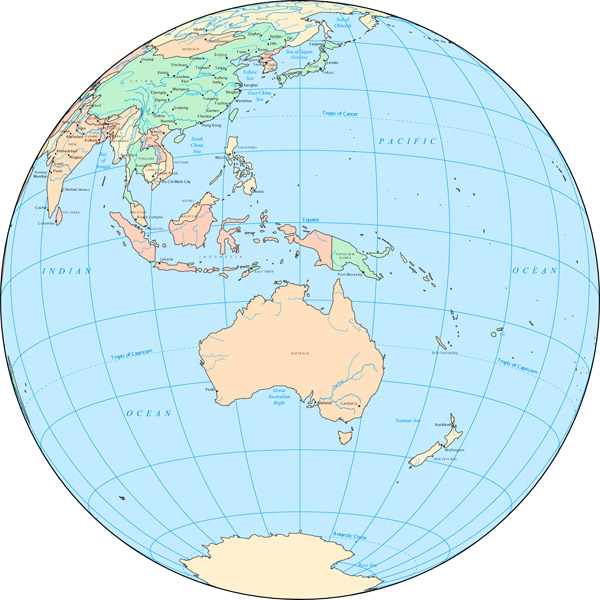 Large detailed location map of Australia and Oceania.