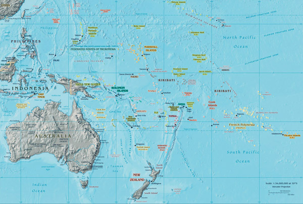 Large detailed political and relief map of Australia and Oceania.