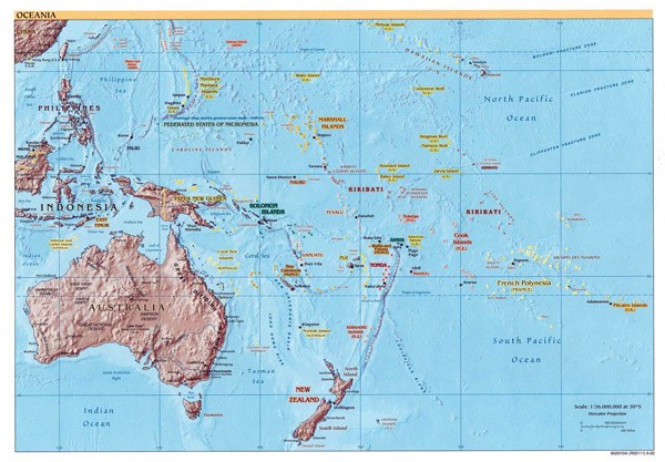 Large detailed political and relief map of Australia and Oceania with all capitals.