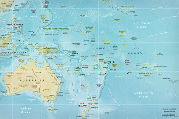 Large detailed relief map of Australia and Oceania.