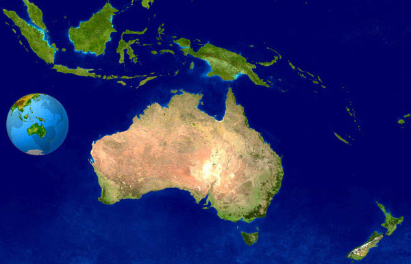 Large detailed satellite map of Australia and Oceania.