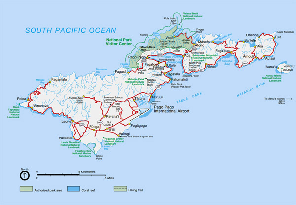 Large detailed national parks map of Tutuila Island American Samoa with all rivers, roads and cities.