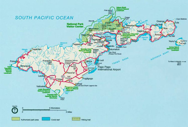 Road and relief map of Tutuila Island American Samoa.