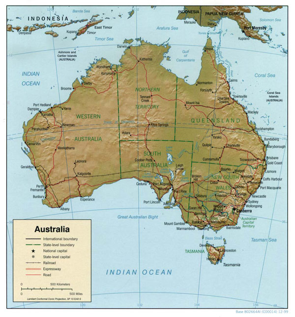 Detailed political and relief map of Australia with roads.