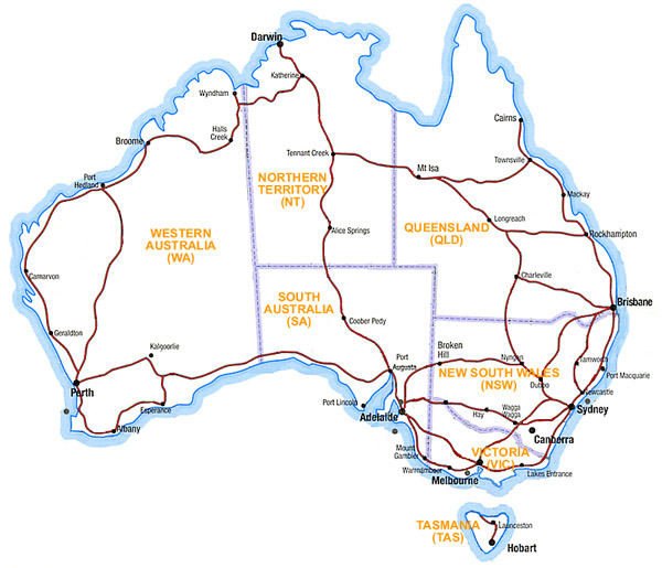 Detailed road and destination map of Australia.