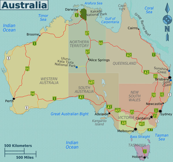 Large detailed regions map of Australia with highways.