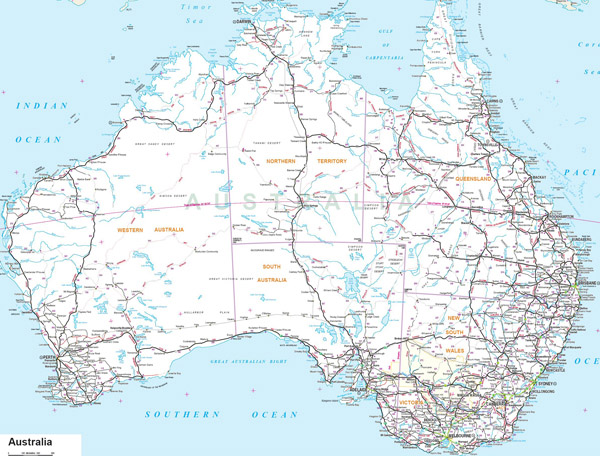Large detailed road map of Australia with all cities.