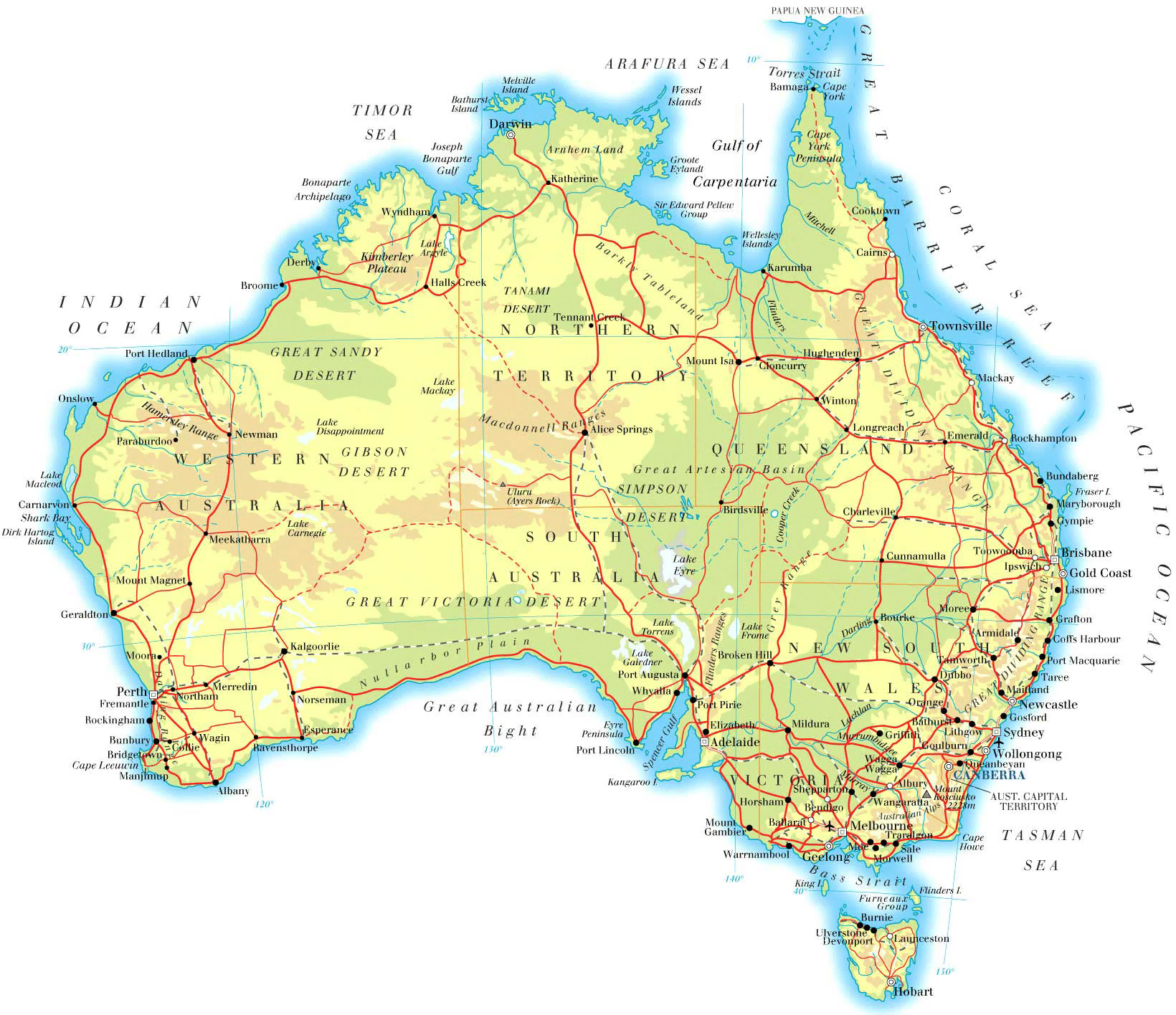 Large physical map of Australia with roads and cities for free