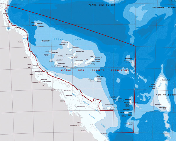 Detailed topographical map of Coral Sea Islands. Coral Sea Islands detailed topographical map.