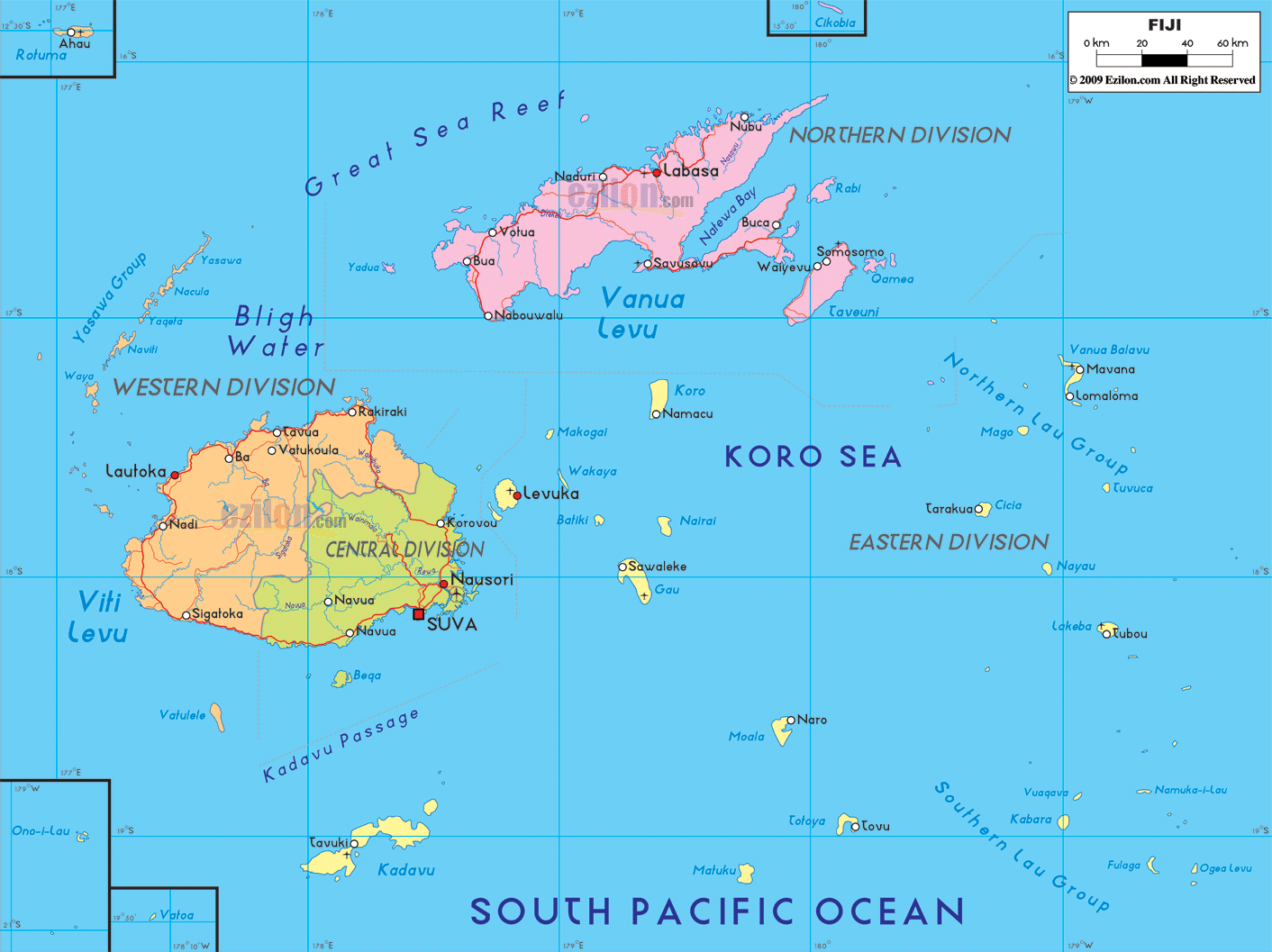 Large detailed political and administrative map of Fiji with roads