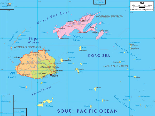 Large detailed political and administrative map of Fiji with roads, cities and airports.