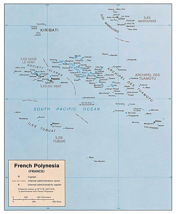 Large detailed political and administrative map of French Polynesia with cities.