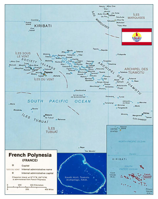 Large detailed political map of French Polynesia with cities.