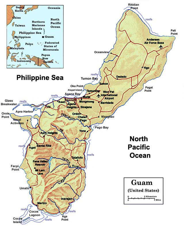 Detailed political and relief map of Guam with roads, cities and airports.