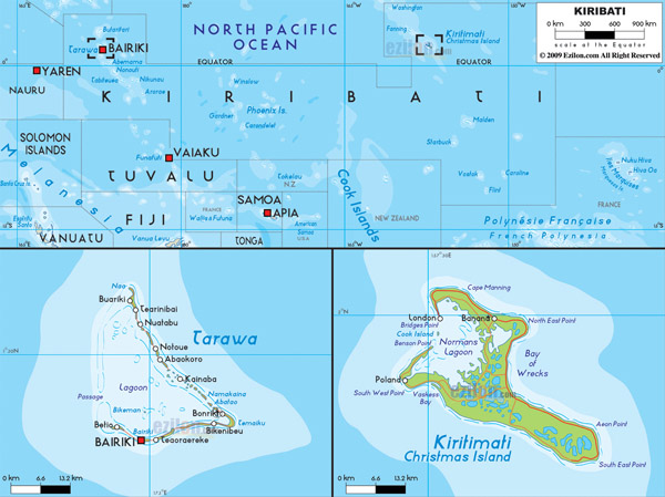 Large detailed physical map of Kiribati with all roads, cities and airports.