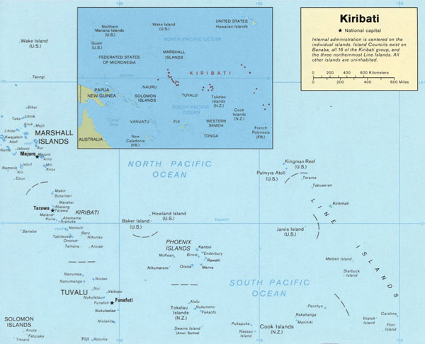 Large detailed political map of Kiribati with capital.