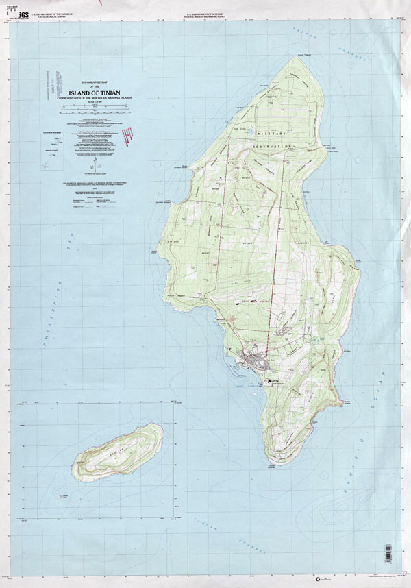 Large detailed topographical map of Tinian Island, Northern Mariana Islands.