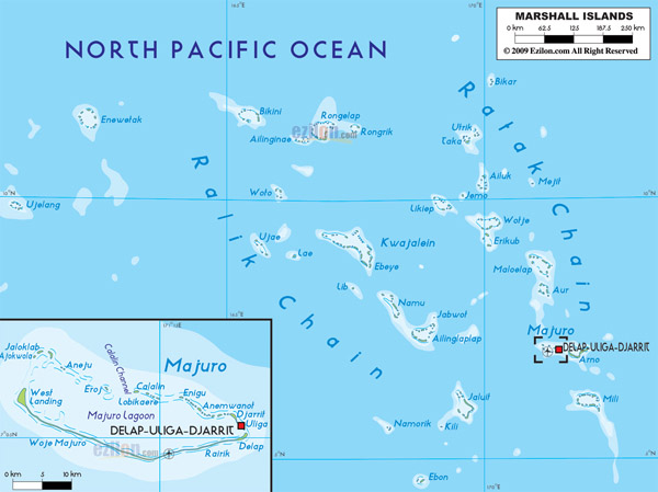 Large detailed physical map of Marshall Islands with roads, cities and airports.