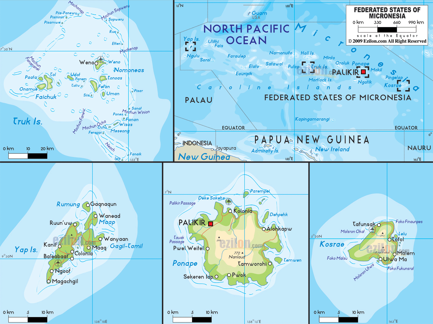Detailed physical map of Micronesia with roads, cities and airports