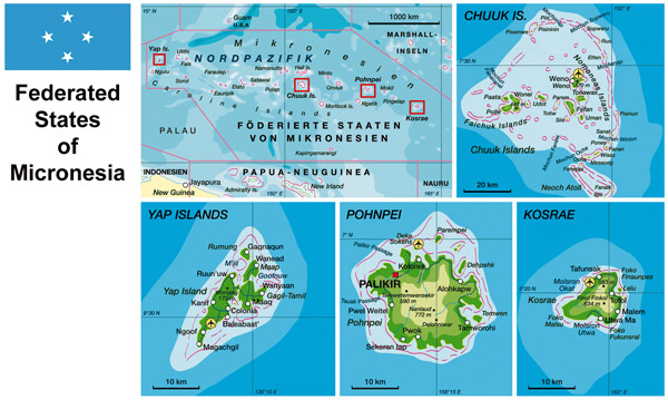 Large detailed physical map of Micronesia with roads, cities and airports.