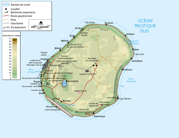 Large detailed physical map of Nauru with buildings roads and airport.