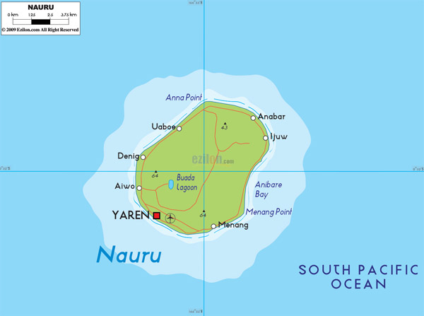 Large detailed physical map of Nauru with roads and airport.