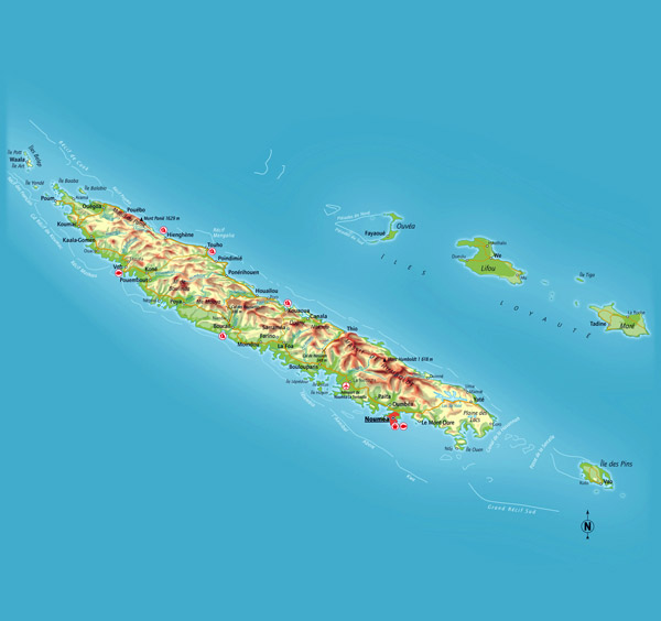 Detailed physical map of New Caledonia with cities, roads and airports.