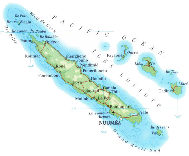 Detailed physical map of New Caledonia with roads.