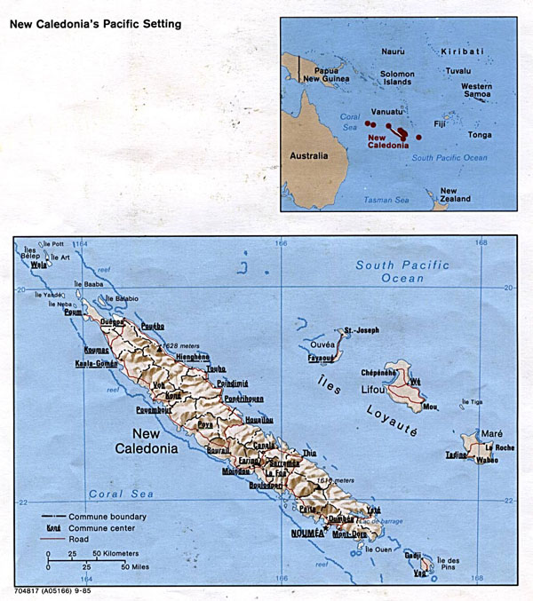 Detailed political and relief map of New Caledonia with roads and cities.