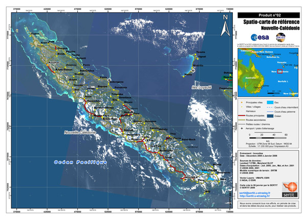 Large detailed satellite map of New Caledonia with all cities, roads and airports.